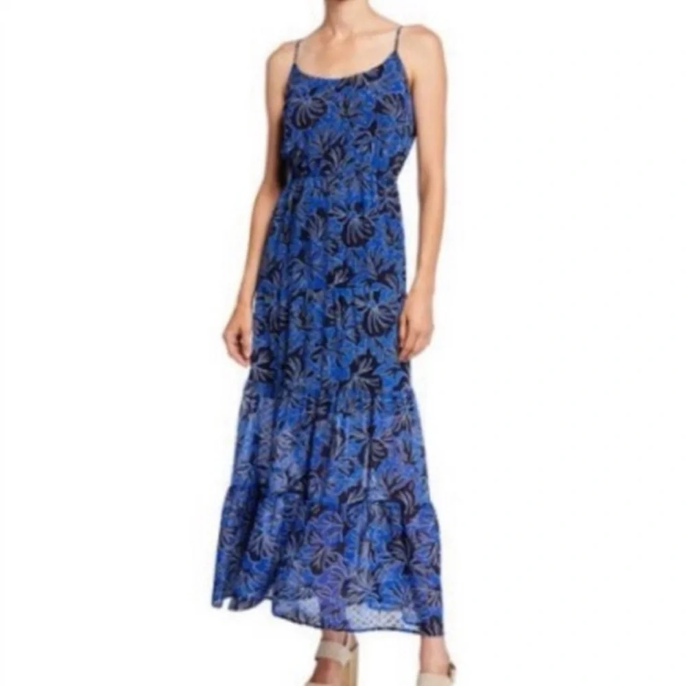 Michael Kors Blue/Black Palm Tree Print Floral Tiered Maxi Dress NWOT‎ Sz. Large